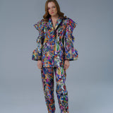 High waisted statement pants with bold geometric pattern