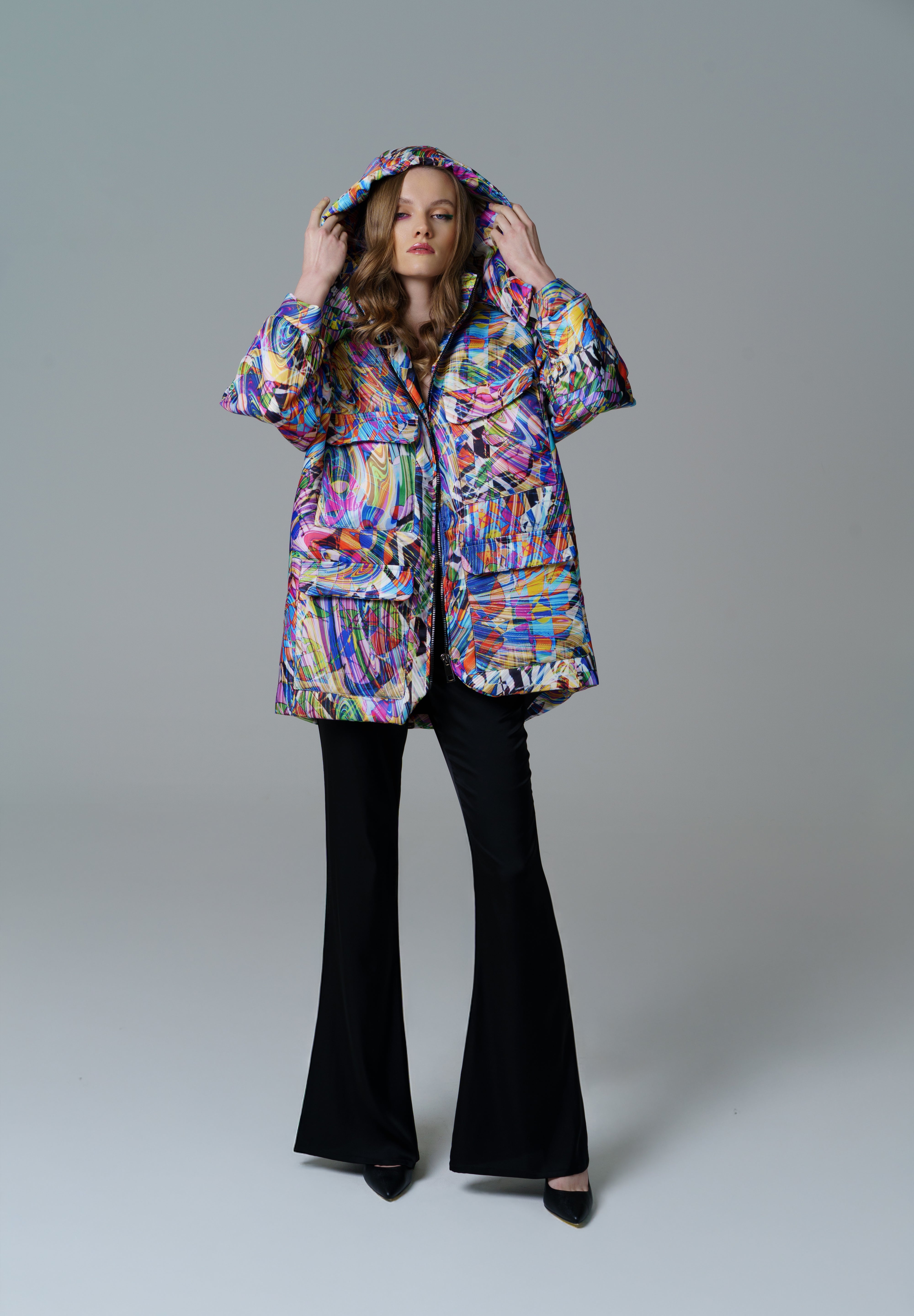 Chromatic Dream Puffer with abstract art inspired vibrant design,