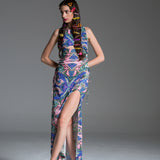 Psychedelic Cut Out Maxi Dress in silk-blend fabric with front & back cut outs.