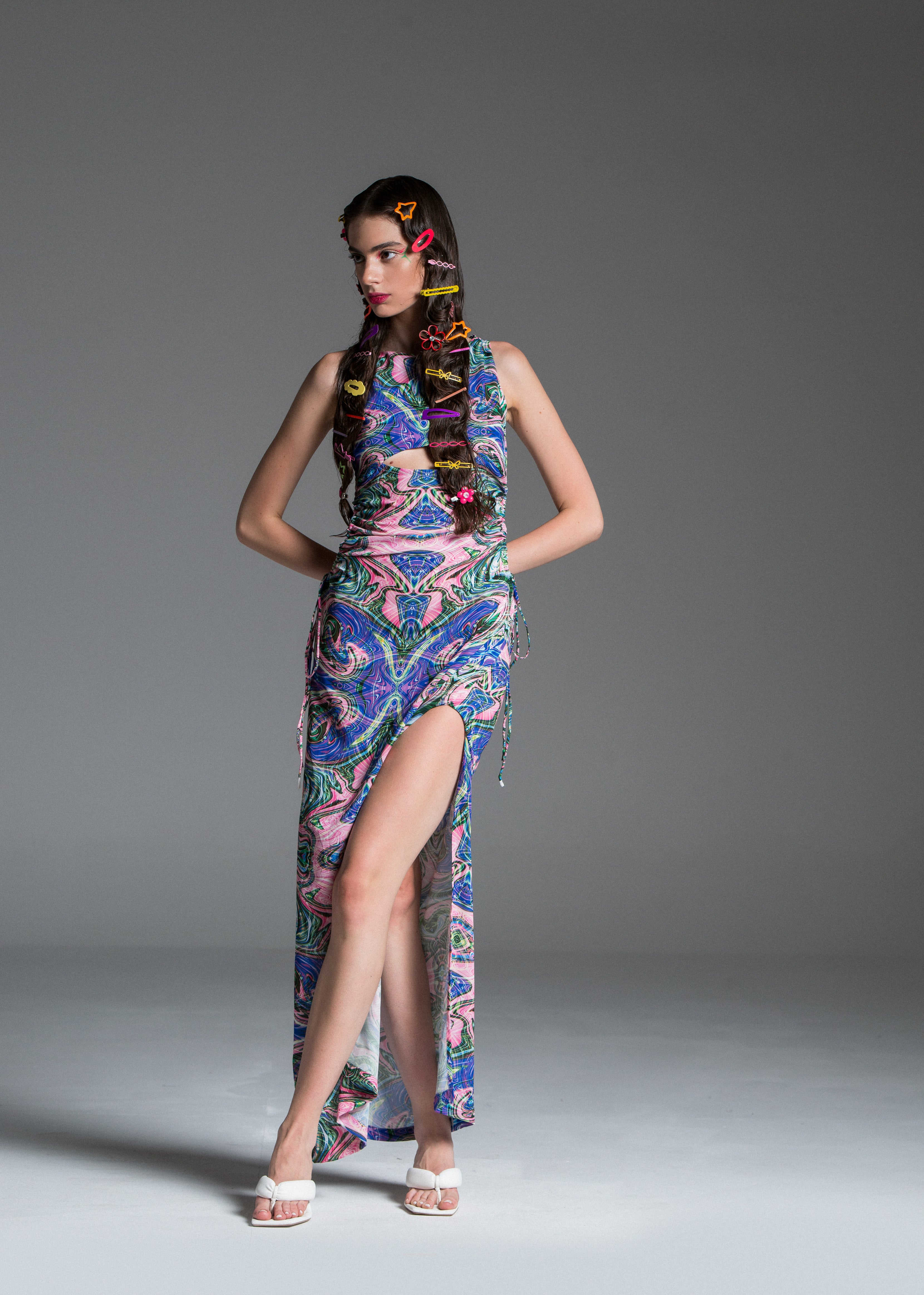 Psychedelic Cut Out Maxi Dress in silk-blend fabric with front & back cut outs.
