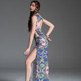 Psychedelic Cut Out Maxi Dress in silk-blend fabric with front & back cut outs.