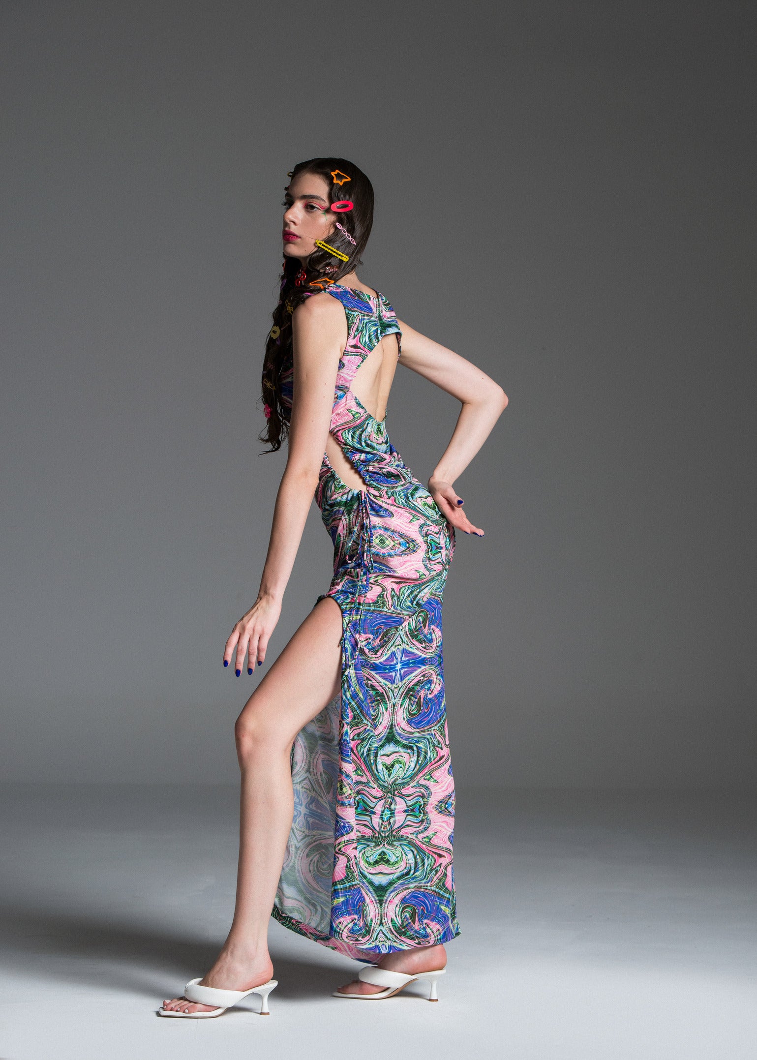 Psychedelic Cut Out Maxi Dress in silk-blend fabric with front & back cut outs.