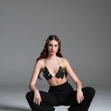 Monstera bra with monstera patterns on a black base and green embroidery stones.