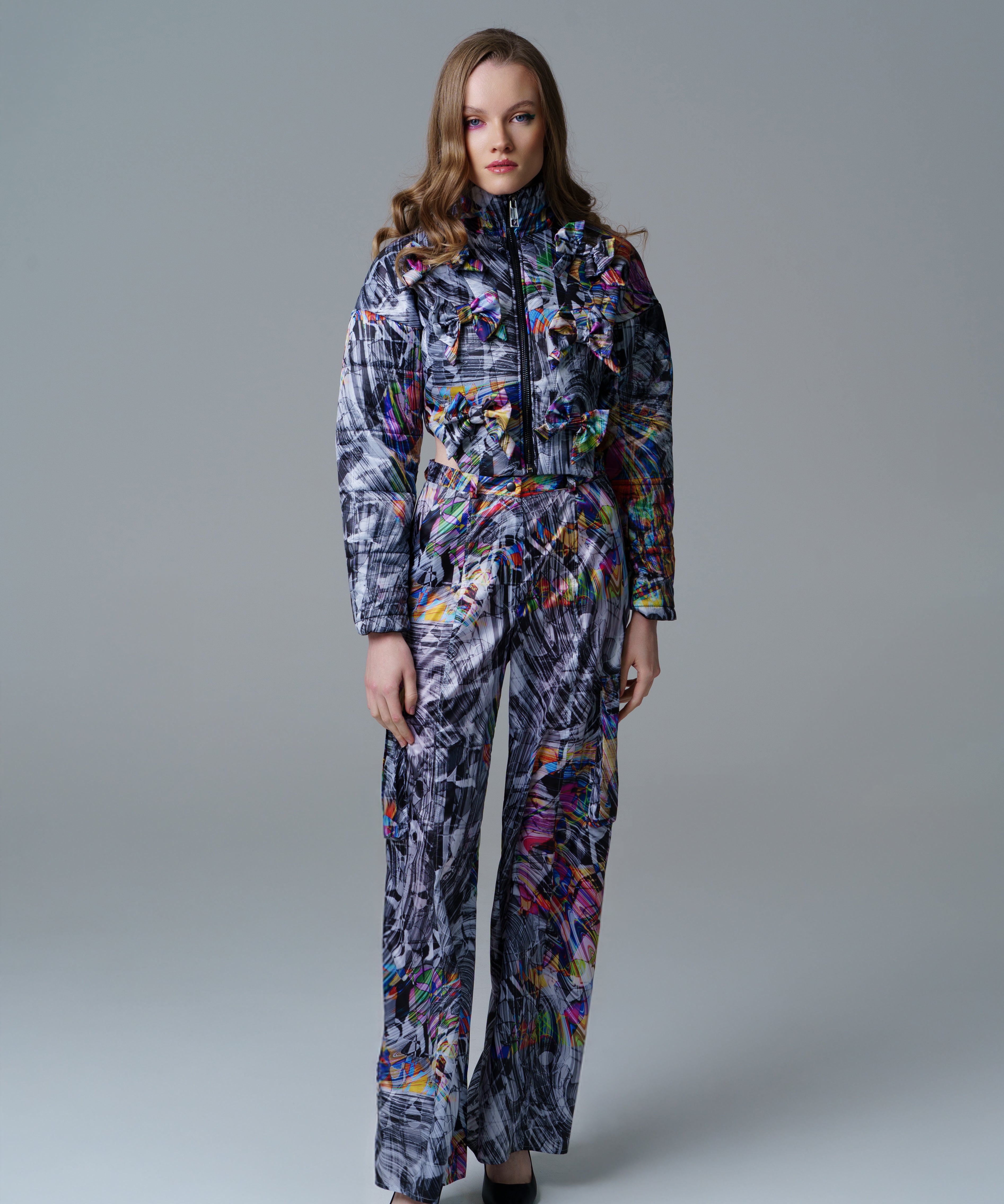 Cosmic Vortex Pants with bold colour pops and a relaxed silhouette. 